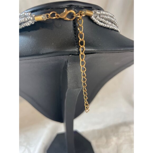 Seed Bead Gold Silver 7 Strand Waterfall Necklace Earring Set 9" Drop - Picture 5 of 6